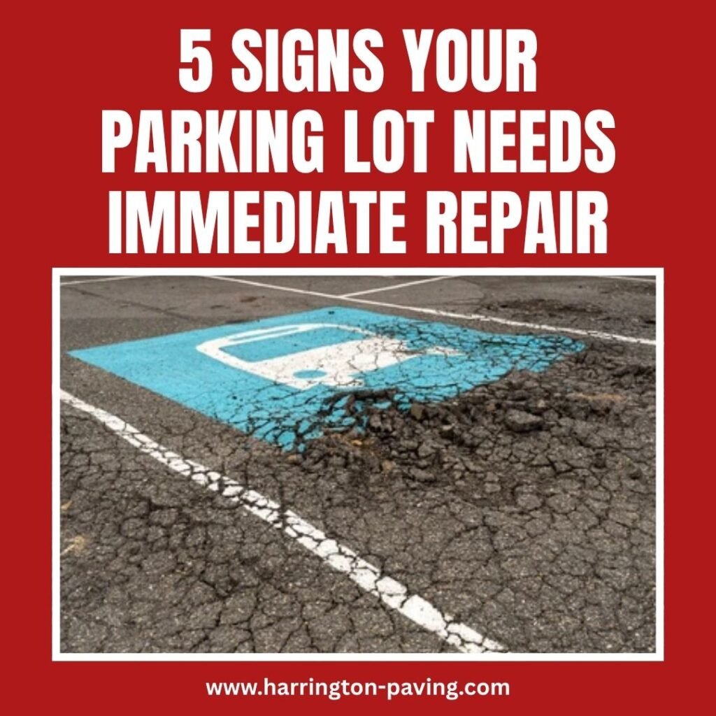 Damaged asphalt parking lot with cracks and potholes – warning signs your parking lot needs repair – commercial property maintenance