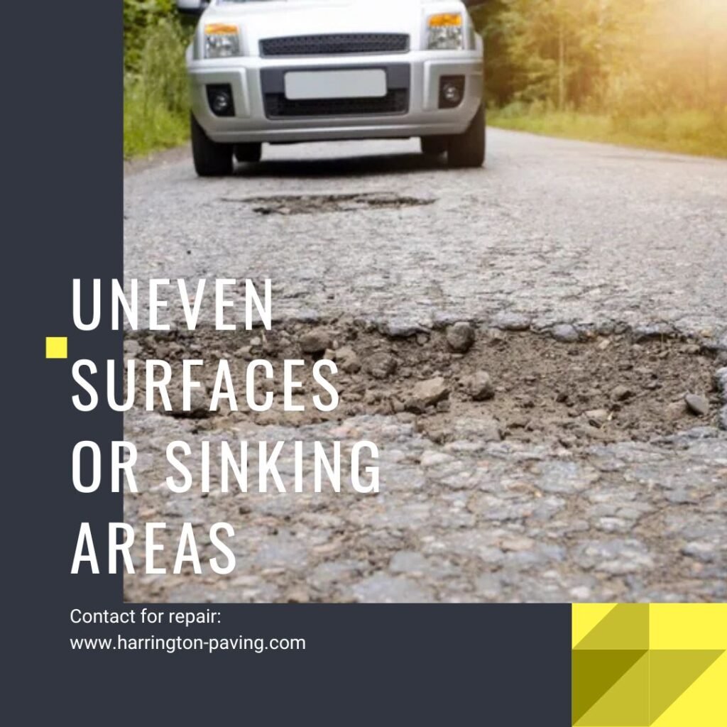 Uneven asphalt and sinking areas in a commercial parking lot — trip hazards and structural warning signs requiring immediate repair
